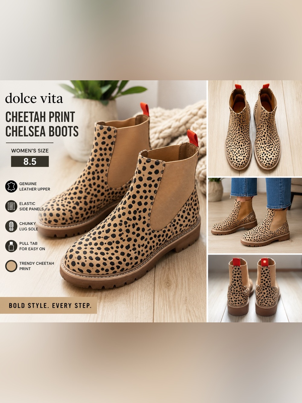 Dolce Vita Cheetah Print Chelsea Ankle Boots Womens Size 8.5 Lug Sole Leopard